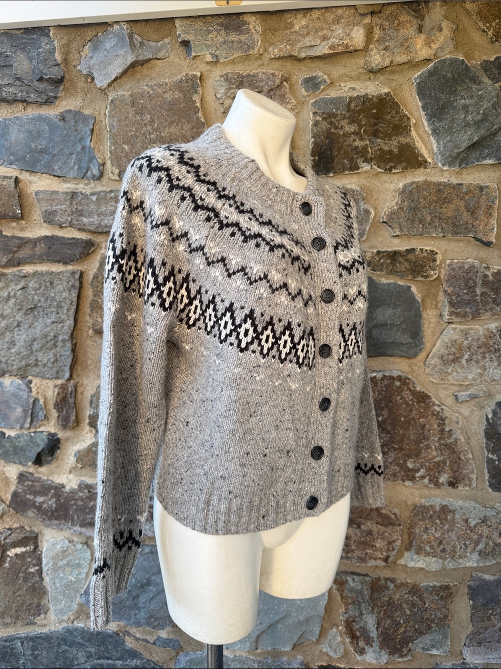 J. Crew NWT Wool Blend Fair Isle Button Up Cardigan Sweater in Gray Size Medium - Picture 3 of 6